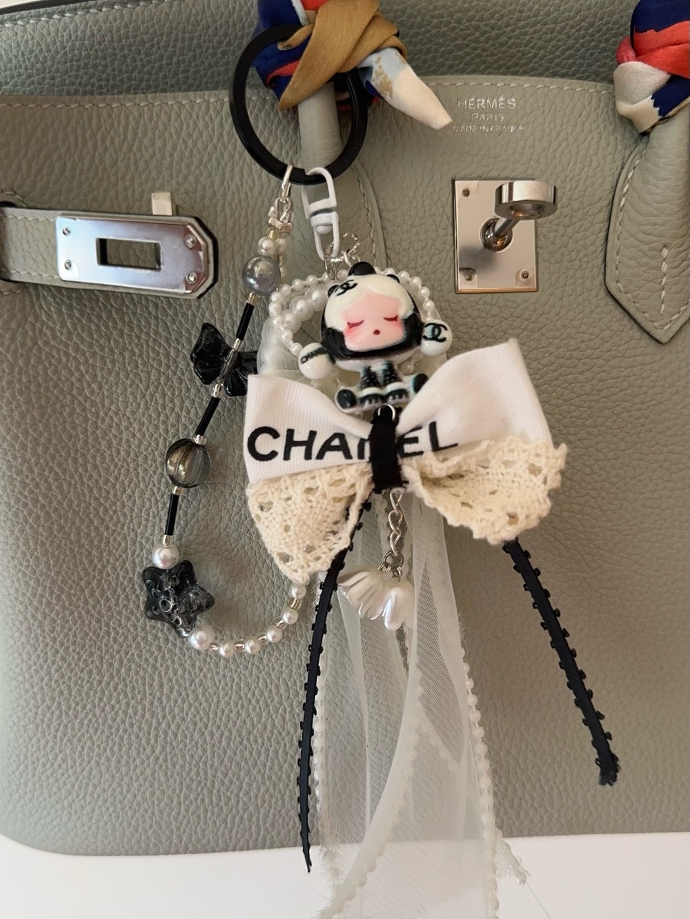 Authentic CC Ribbon With Pearl Bag Charm Keychain